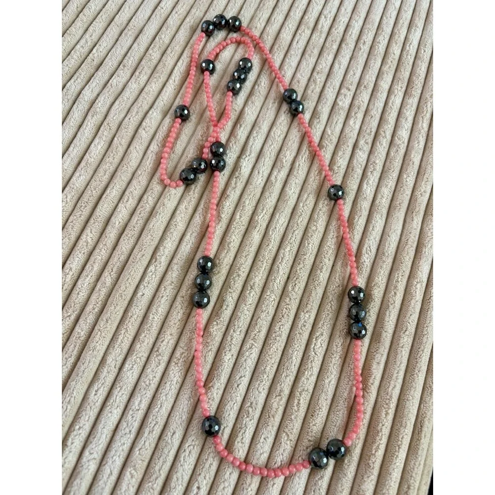 Vintage Hematite And Pink Coral Beaded Necklace 18‎ in Heavy High Quality